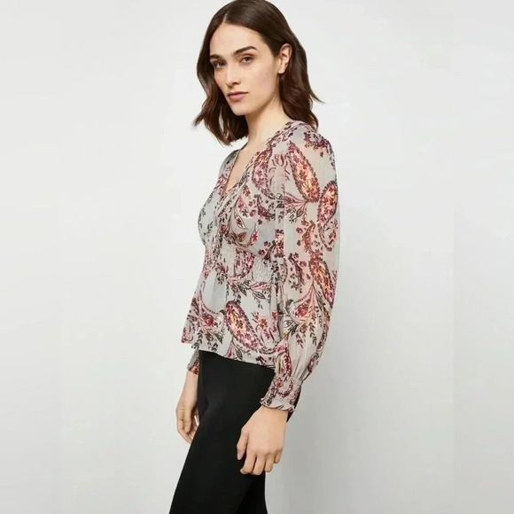 BCBGMAXAZRIA Grey DaytimePrinted Sheer Metallic Top Blouse Size L Large - Picture 7 of 8